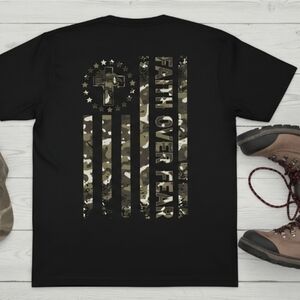 Faith Over Fear Camo Flag Cross Tee | Christian Patriotic Shirt | Lion Graphic |